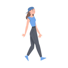 Woman Character Wearing Baseball Cap Going or Walking Taking Steps Forward Side View Vector Illustration