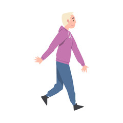 Walking Man Character Taking Steps Forward Side View Vector Illustration