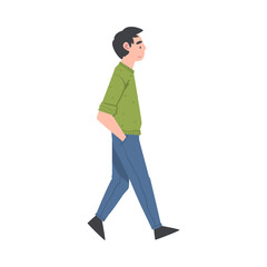 Walking Man Character with Hands in Pockets Taking Steps Forward Side View Vector Illustration