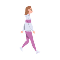 Walking Woman Character Taking Steps Forward Side View Vector Illustration