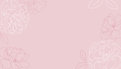 Minimalist style floral background with single line flowers and leaves on pink background. Contour roses botanical modern illustration for design. - Vector