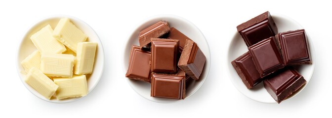 Bowl of dark, white and milk chocolate isolated on white, from above