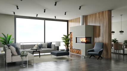 Large luxury modern minimal bright interiors room mockup illustration 3D rendering