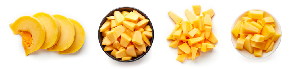 Pumpkin pieces isolated on white, from above