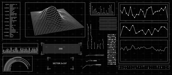 HUD futuristic interface. Hitech display with infographic elements. Dashboard with chart, diagram, line, graphic and data.