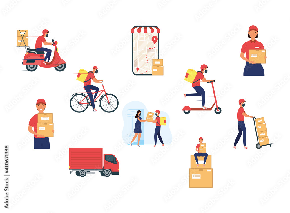 Sticker group of eight delivery workers team characters