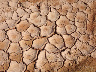 Mudlands that previously contained water have cracked due to hot weather and drought. All water content has been evaporated by the heat