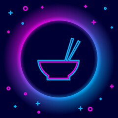 Glowing neon line Bowl with asian food and pair of chopsticks silhouette icon isolated on black background. Concept of prepare, eastern diet. Colorful outline concept. Vector.