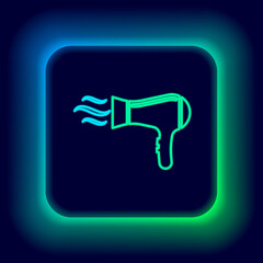 Glowing neon line Hair dryer icon isolated on black background. Hairdryer sign. Hair drying symbol. Blowing hot air. Colorful outline concept. Vector.
