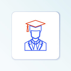 Line Male graduate student profile with gown and graduation cap icon isolated on white background. Colorful outline concept. Vector.