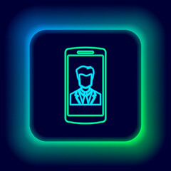 Glowing neon line Smartphone with contact on screen icon isolated on black background. Incoming call. Human on phone screen. Call contact. Colorful outline concept. Vector.