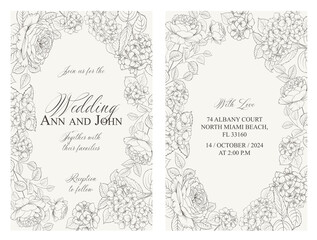 Marriage invitation card with custom sign and flower frame. Vector illustration.