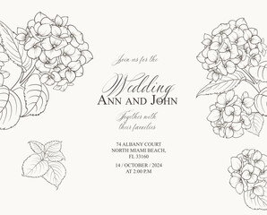 Marriage invitation card with custom sign and flower frame. Vector illustration.