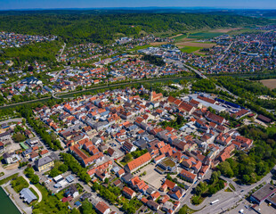 Fototapeta na wymiar Aerial view of the city Kelheim in Germany, Bavaria on a sunny spring day 