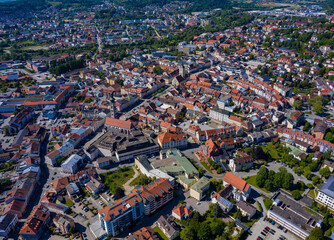 Aerial view of the city Deggendorf in Germany, Bavaria on a sunny spring day	