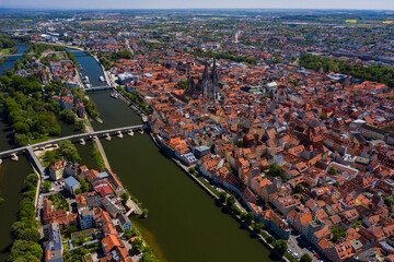 Aerial view of the city Regensburg in Germany, Bavaria on a sunny spring day	