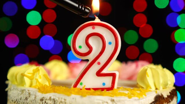 Number 2 Happy Birthday Cake With Burning Candles Topper.