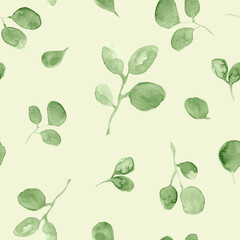 Hand drawn green leaves, foliage watercolor painting - seamless pattern on beige background