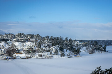 Winter snowy landscape of Swedish coast. The shore of Baltic sea overgrown with pines and firs covered with snow. Traditional  wooden houses surrounded by forest. Scandinavia in the winter season.