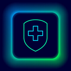 Glowing neon line Medical shield with cross icon isolated on black background. Protection, safety, password security. Colorful outline concept. Vector.