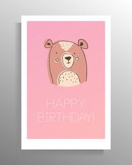 Birthday card. Delicate design in pastel colors with a cute doodle character. Vector illustration.