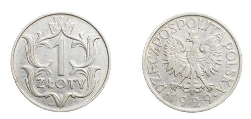 one Polish zloty coin on a white isolated background