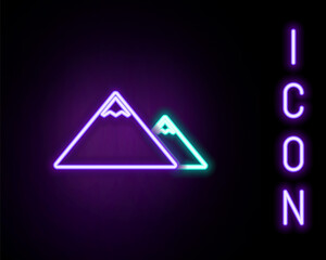 Glowing neon line Mountains icon isolated on black background. Symbol of victory or success concept. Colorful outline concept. Vector.