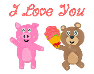plasticine brown Bear give pink rose flower in yellow wrapping to pink pig concept love or valentine