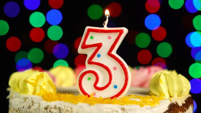 Number 3 Happy Birthday Cake With Burning Candles Topper.