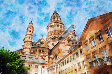 Fototapeta premium Watercolor painting of Mainz Cathedral in Germany.
