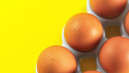 Beige coloured eggs on yellow board, closeup detail, space for text right side