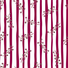 Creative seamless pattern in doodle style with simple random berry branches print. Striped background.