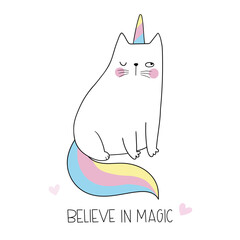 Cute cat unicorn. Funny cat like unicorn. Believe in magic. Funny vector illustration.  Adorable doodle animal. Isolated objects on white background. Good for posters, t shirts, postcards.
