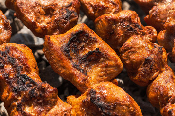 Pieces pork barbeque or barbecue cooking on outdoors charcoal grill. Close-up view, cooking during summer picnic. Selective focus on pieces of tasty grilling meat.