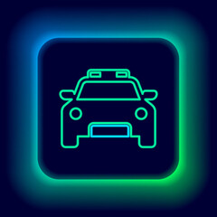 Glowing neon line Police car and police flasher icon isolated on black background. Emergency flashing siren. Colorful outline concept. Vector.