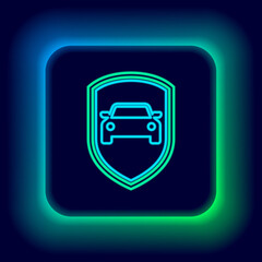 Glowing neon line Car protection or insurance icon isolated on black background. Protect car guard shield. Safety badge vehicle icon. Security auto label. Colorful outline concept. Vector.