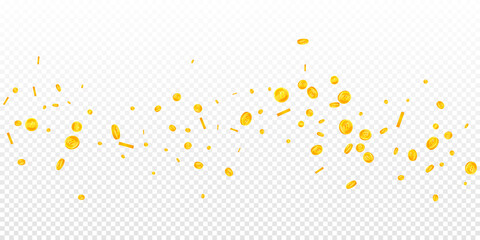 Thai baht coins falling. Dazzling scattered THB co