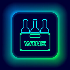 Glowing neon line Bottles of wine in a wooden box icon isolated on black background. Wine bottles in a wooden crate icon. Colorful outline concept. Vector.