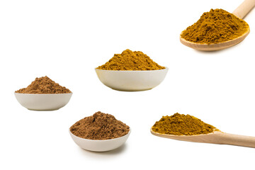 Curry in wooden spoon isolated on white.