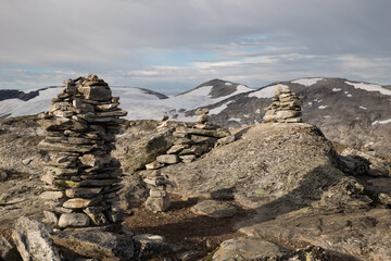 Stone Cairns on peak of a mountain in southern Norway
