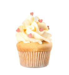Tasty cupcake with heart shaped sprinkles for Valentine's Day isolated on white