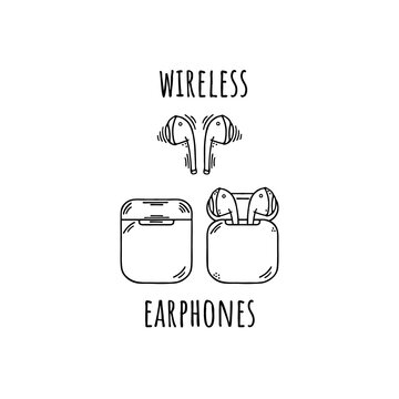 Wireless earphones for listening to music, radio, podcasts. Headphones freehand drawing, sketch. Icon for websites, mobile. Vector doodle illustration