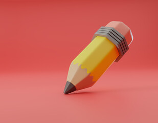 Yellow cartoonish stylized pencil with eraser on pink board 3D render