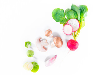 Radish, mushrooms, onionm and brussels sprouts