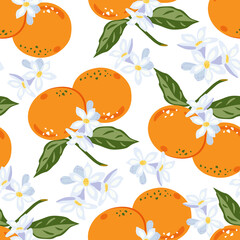 Seamless background with citrus fruits and flowers. Vector illustration of tangerines and flowering. Scalable to any size. For fabric, covers, posters, stickers, wrapping paper, etc.