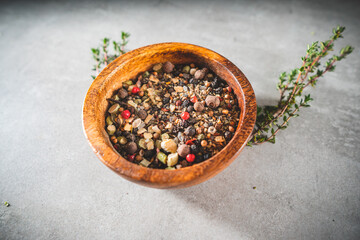 Spices in bowl. Mixed or various dried grains for food cooking