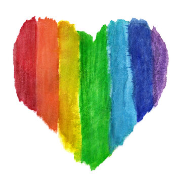Textile watercolor LGBTQ heart, isolated on white background. Hand-drawn rainbow-colored heart on fabric