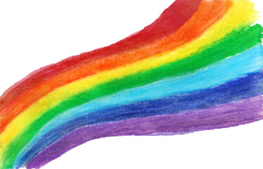 Hand-drawn on fabric with watercolor LGBTQ flag, isolated on white background. Bright textured rainbow pattern