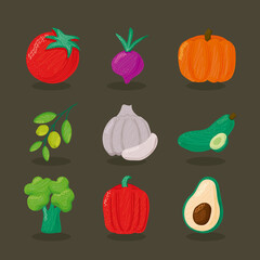 bundle of nine vegetables healthy food icons