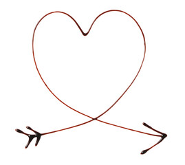 Heart and arrow drawn with dark chocolate on white background, top view